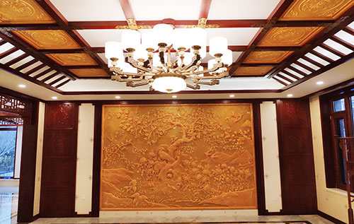 木棠镇中式别墅客厅中式木作横梁吊顶装饰展示